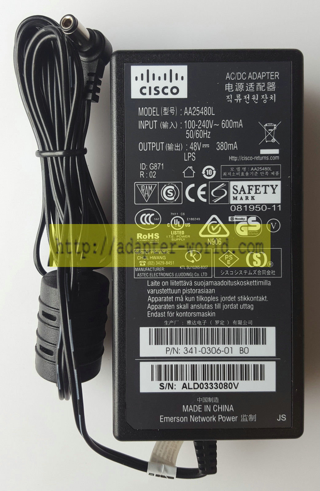 *Brand NEW*CISCO 48V 0.38A AC/DC ADAPTER AA25480L 341-0306-01 B0 POWER SUPPLY - Click Image to Close